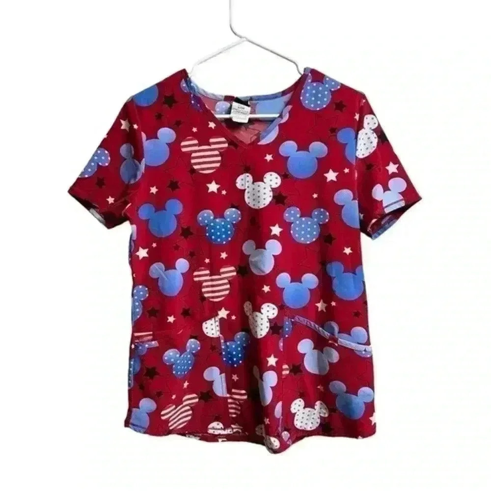 Disney Red, White, and Blue‎ Mickey Mouse Women's V-Neck Scrub Top
